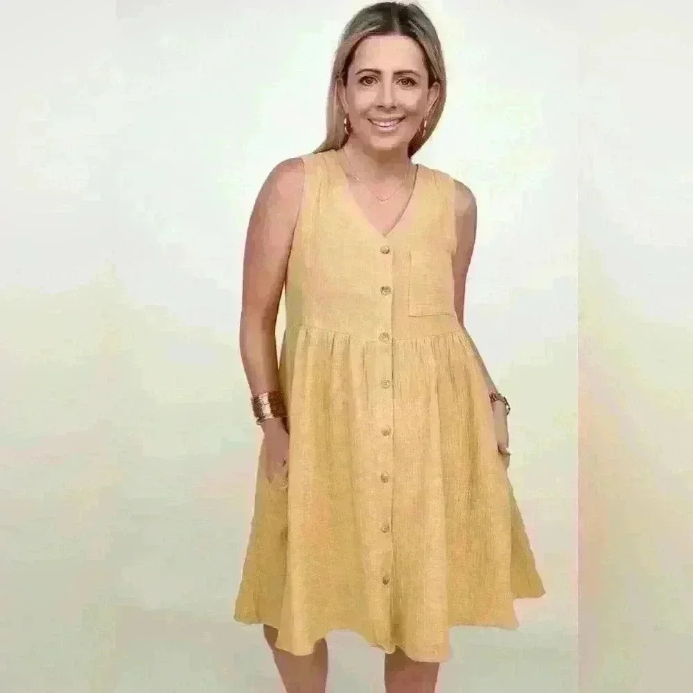 Cotton Bleu Cotton Gauze Babydoll Dress w Contrast Facing in Mustard - 1X (NWT)